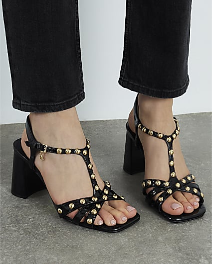 Black Studded T Bar Block Heel Sandals