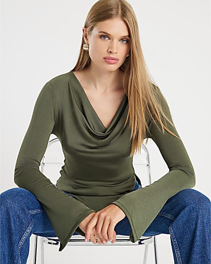 Khaki Cowl Neck Asymmetric Hem Top