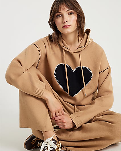 Brown Knitted Heart Hoodie