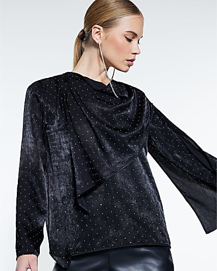 Black Cowl Neck Studded Blouse