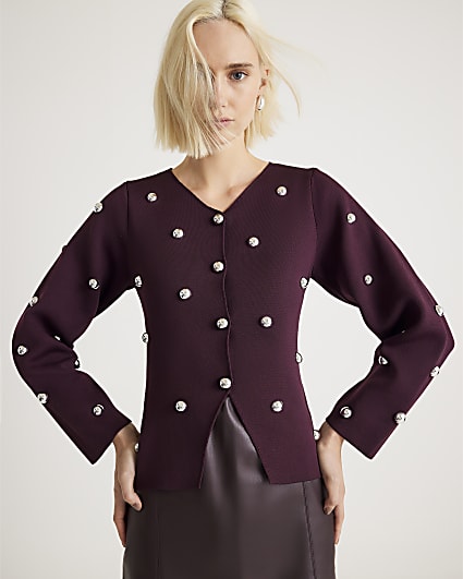 Red Knitted Studded Cardigan