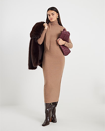 Brown Long Sleeve Scarf Tie Neck Midi Dress