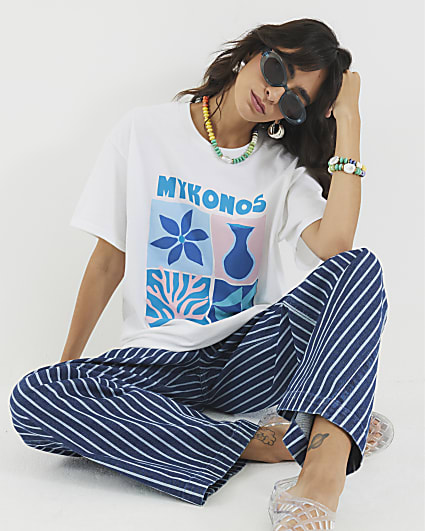 White Short Sleeve Mykonos Print T-shirt