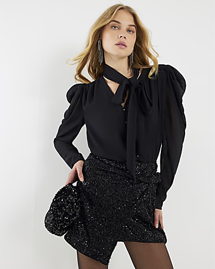 Black Long Sleeve Pussybow Blouse