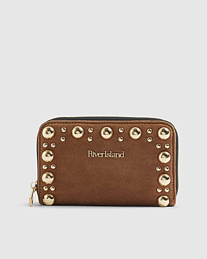 Brown Studded Zip Around Purse