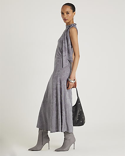 Grey Sleeveless Jacquard Scarf Tie Midi Dress