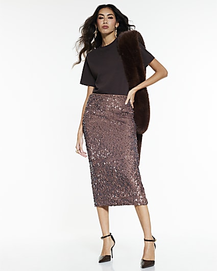 Brown Sequin Midi Skirt