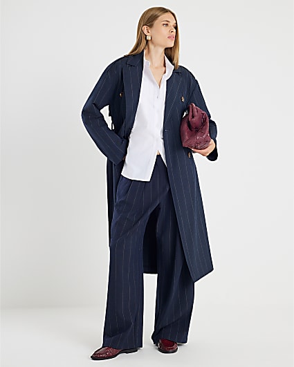 Navy Pinstripe Tailored Trench Coat