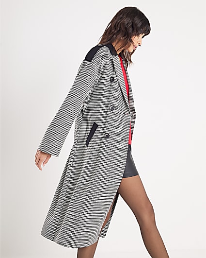Black Dogtooth Print Tailored Trench Coat