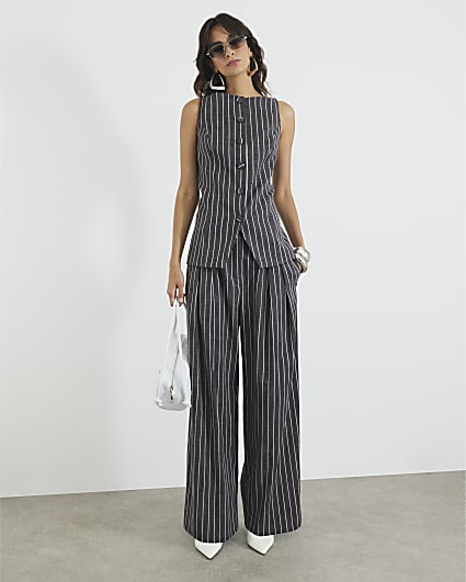 Grey Striped Wide Leg Trousers