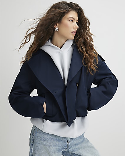 Navy Short Bubble Hem Trench Jacket