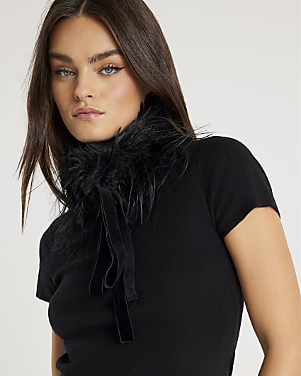 Black Faux Fur Collar Top