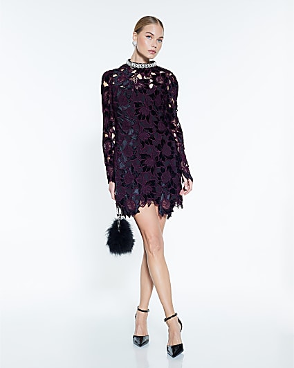 Purple Velvet Lace Trim Mini Dress