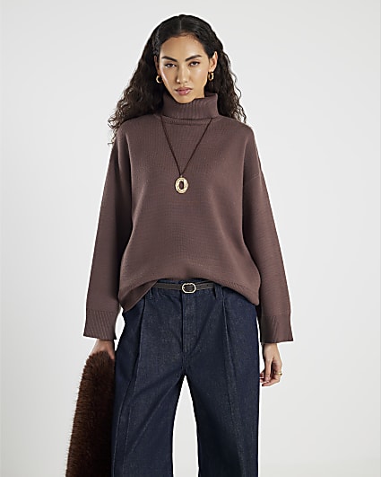 Brown Knit Roll Neck Jumper