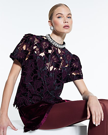 Red Velvet Lace Embellished Top