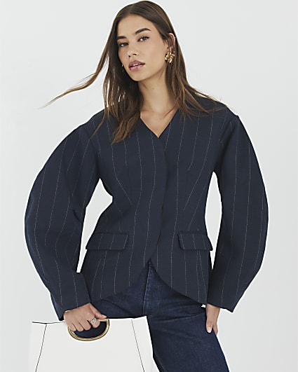 Navy Pinstripe Cocoon Sleeve Blazer