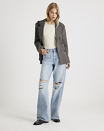 Blue High Rise Relaxed Straight Ripped Jeans