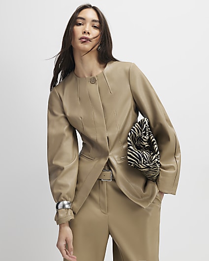 Beige Faux Leather Sculpted Blazer