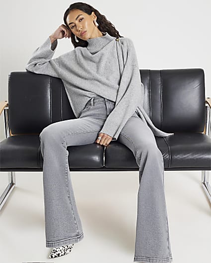 Grey Mid Rise Flared Jeans