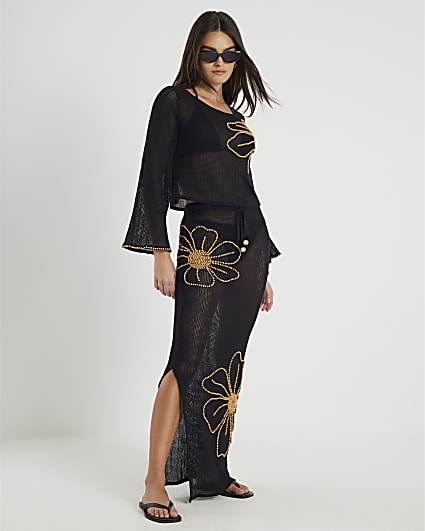 Black Flower Beach Maxi Skirt