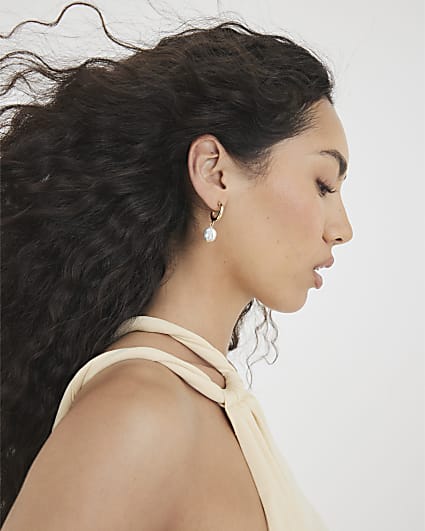 Gold Pearl Mini Drop Hoop Earrings