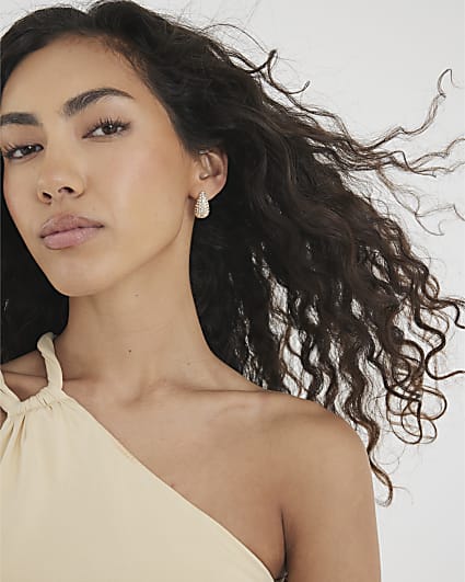 Gold Paved Teardrop Stud Earrings