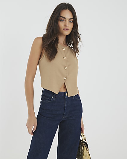 Brown Cropped Heart Waistcoat Top