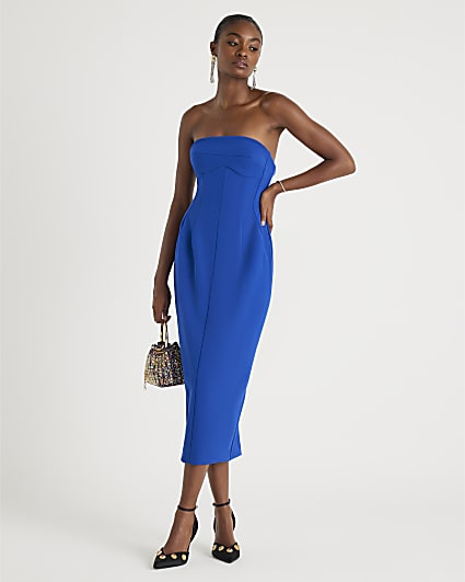 Blue Sleeveless Bodycon Bandeau Midi Dress