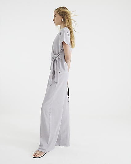 Grey Textured Wide Leg Trousers