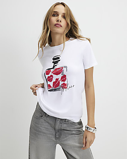 White Embellished Lips Perfume T-Shirt
