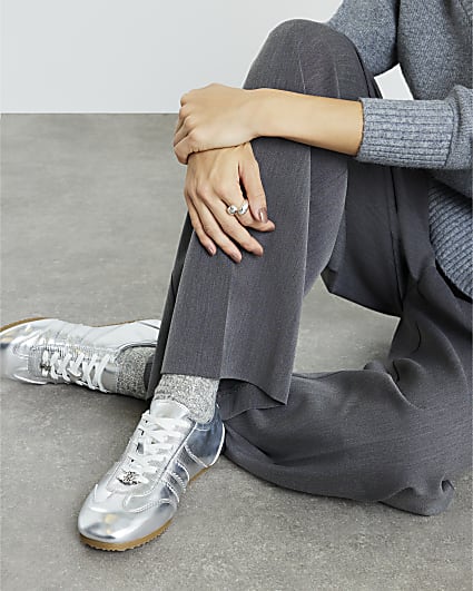 Silver Lace Up Slim Sole Trainers