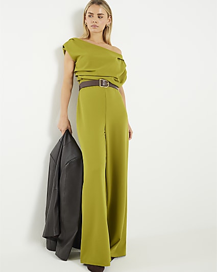 Petite Green One shoulder Draped Jumpsuit