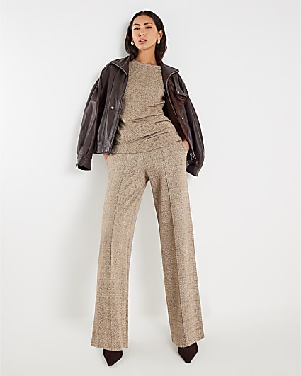 Brown Herringbone Wide Leg Trousers