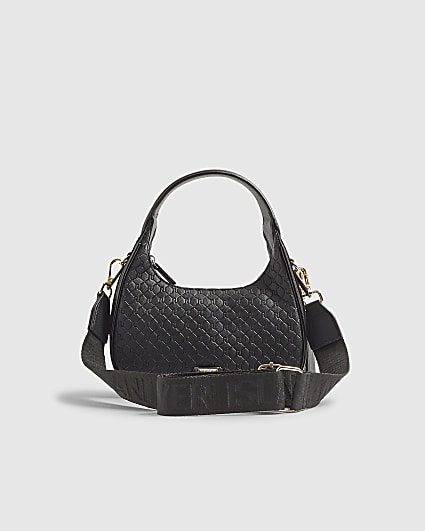 Black Faux Leather Monogram Cross Body Bag