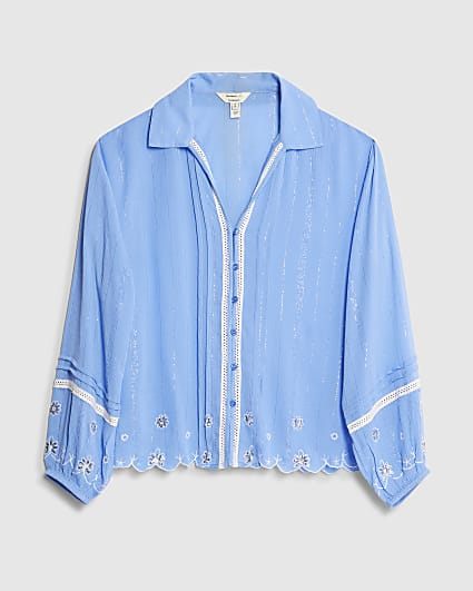 Blue Lace Trim Embroidered Beach Shirt