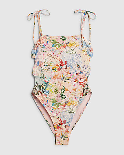 Pink Graphic Print Tie Strap Swimsuit