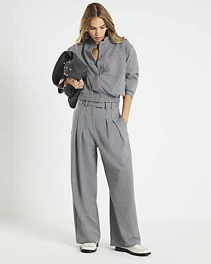 Grey Herringbone Wide Leg Trousers