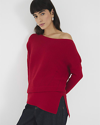 Red Cable Stitch Asymmetric Jumper