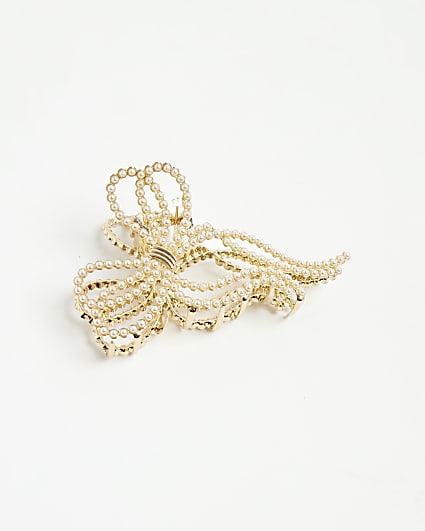 Gold Pearl Bow Claw Hair Clip