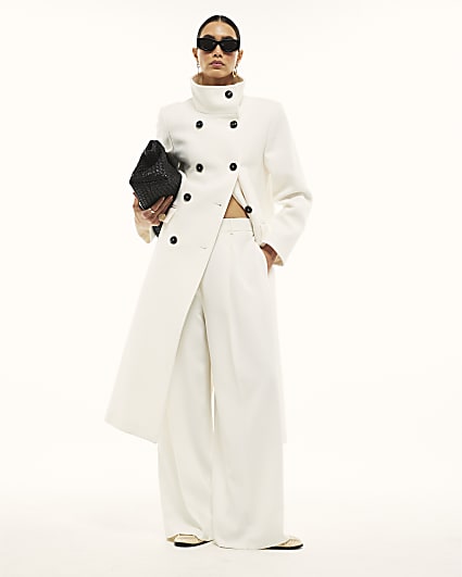 Cream Double Breasted Funnel Neck Coat