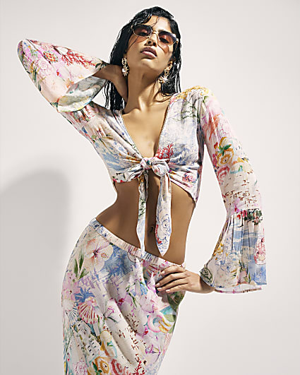 Pink Graphic Print Tie Front Beach Top