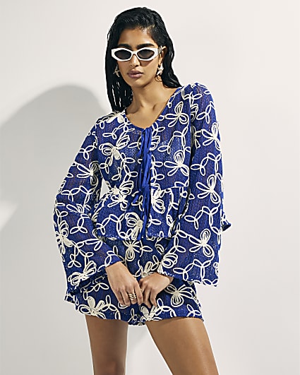 Blue Cornelli Tie front Beach Top