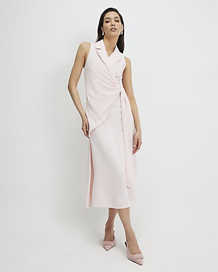 Pink Knot Front Wrap Midi Dress