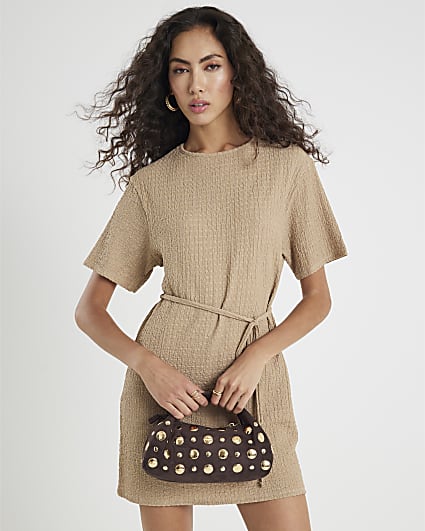Beige Textured Belted Dress