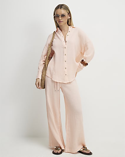 Petite Pink Crinkle Wide Leg Trousers