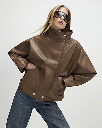 Brown Funnel Neck Distressed Bomber Jacket