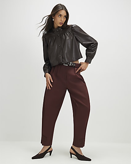 Brown Faux Leather Gathered Sleeve Jacket