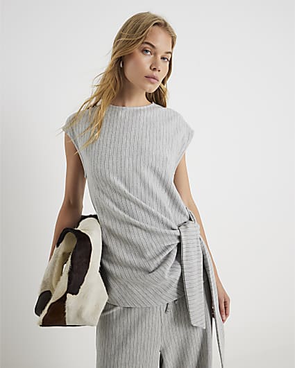 Grey Short Sleeve Pinstripe Tie Detail Top