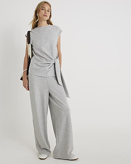 Grey Drawstring Pinstripe Wide Leg Trousers
