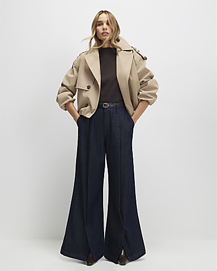 Blue Belted Split Hem Wide Leg Jeans